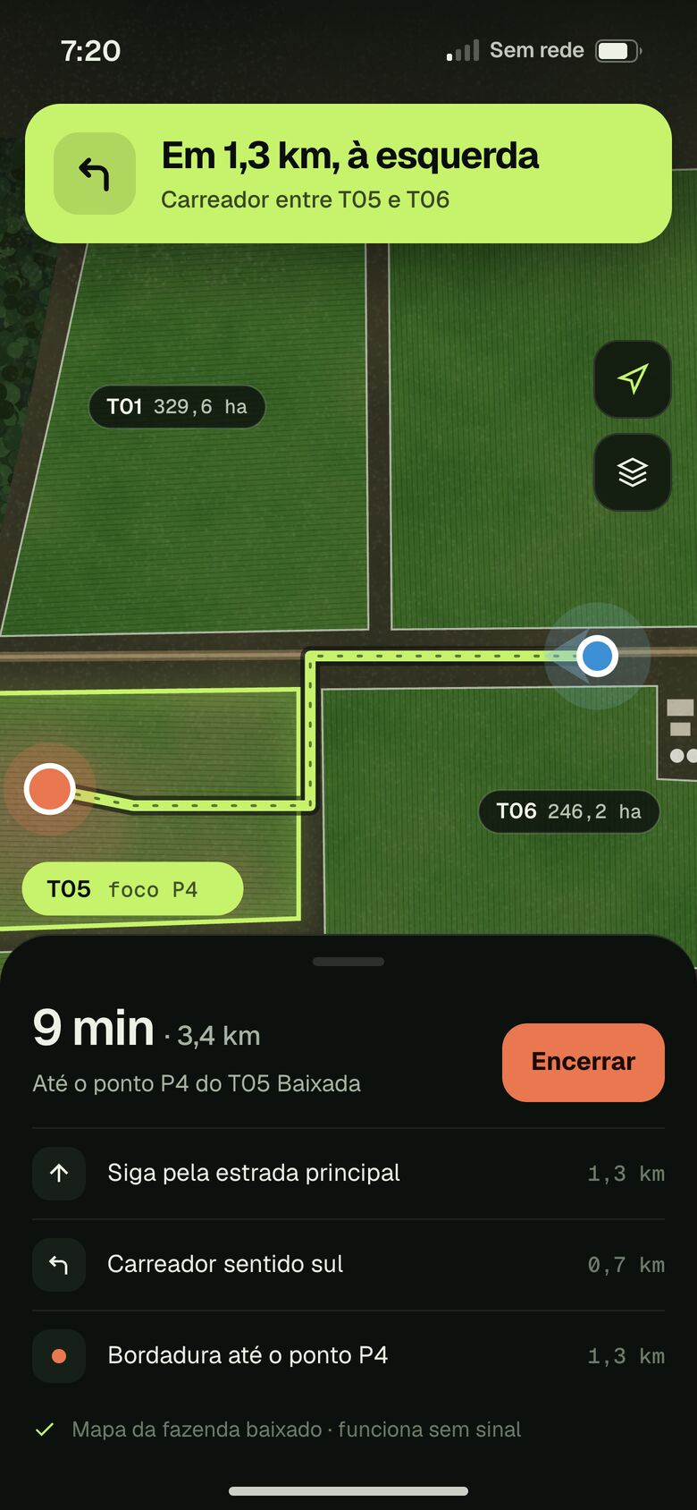 Rota até o ponto do talhão no app de campo