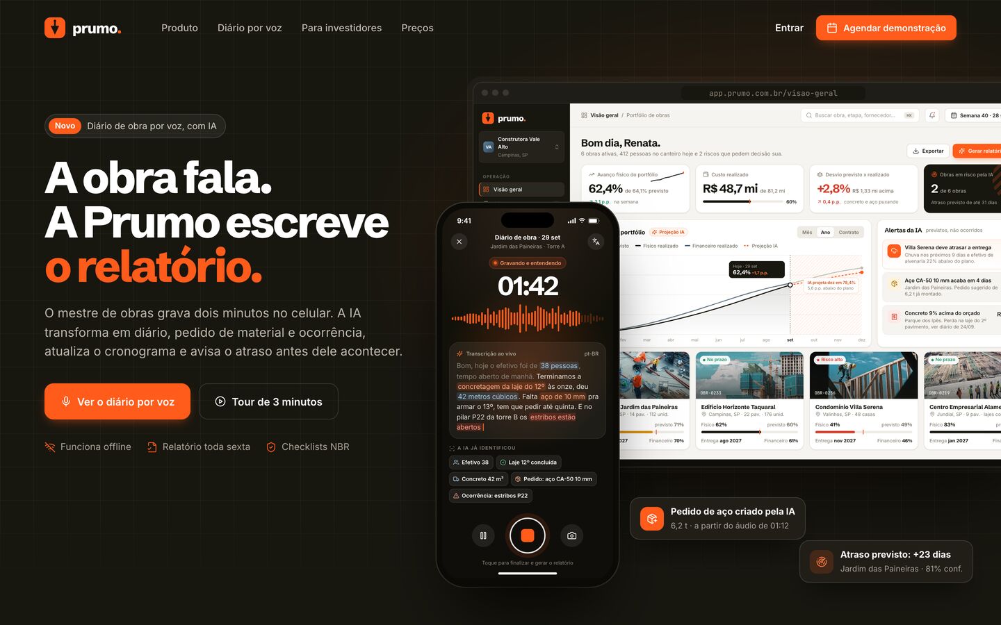 Landing do software de gestão de obras Prumo