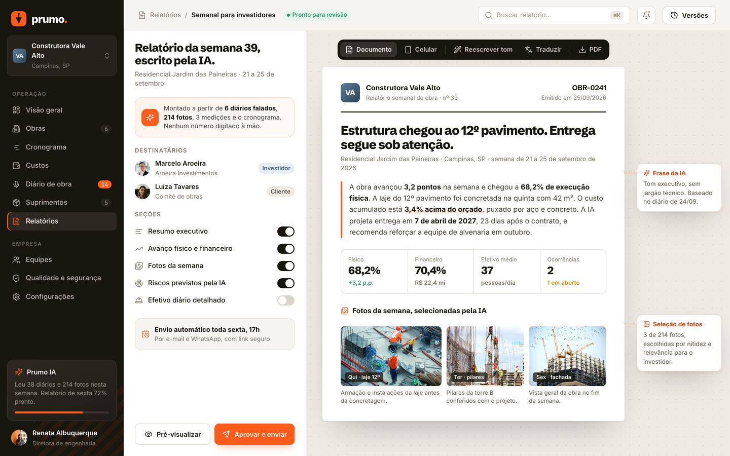 Relatório semanal da obra para o investidor escrito pela IA