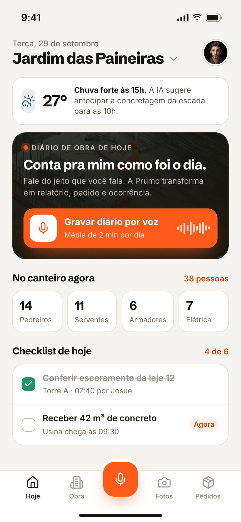 App do canteiro de obras com as tarefas de hoje