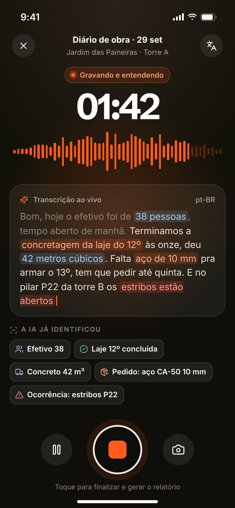 App de diário de obra por voz com transcrição ao vivo