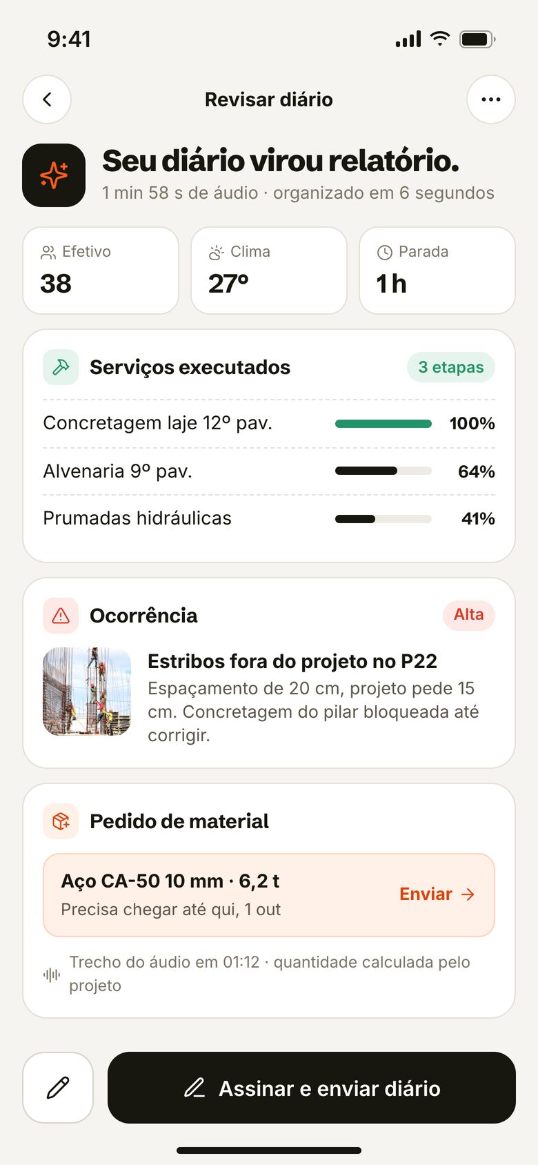 Diário de obra transformado em relatório pela IA no app