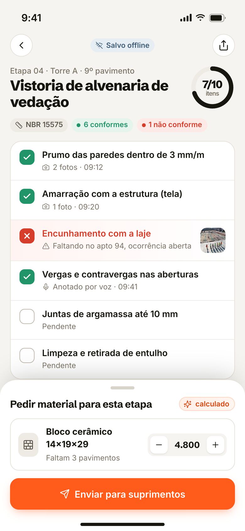 Checklist de etapa da obra e pedido de material no app