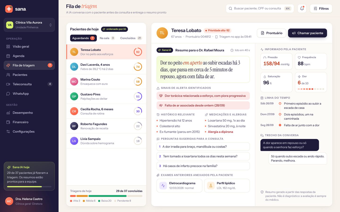 Fila de triagem com resumo pré-consulta escrito pela IA para o médico