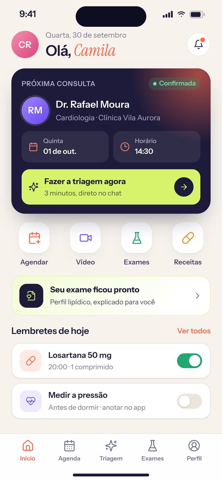 Início do app do paciente com próxima consulta e lembretes