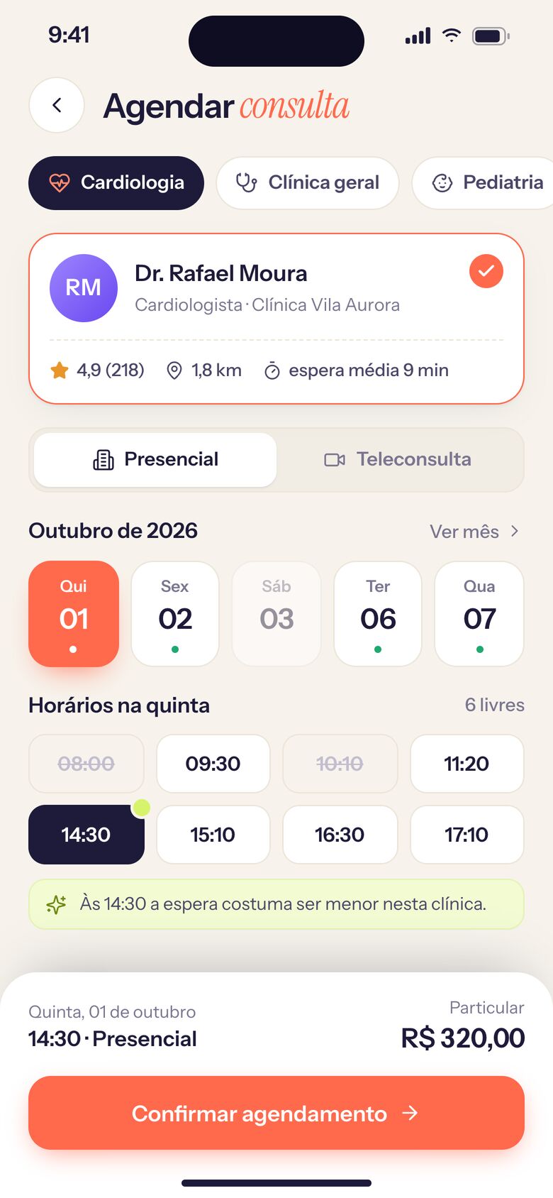 Agendamento online de consulta no app com sugestão de horário