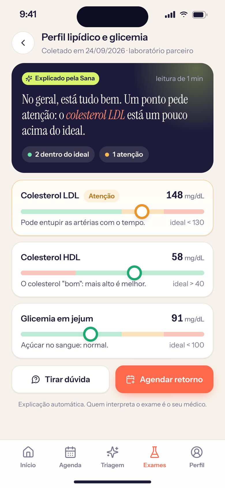 Resultado de exame explicado em linguagem simples no app da clínica