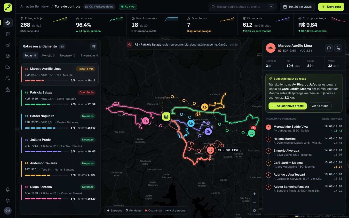 Torre de controle de entregas com mapa ao vivo e rotas por cor