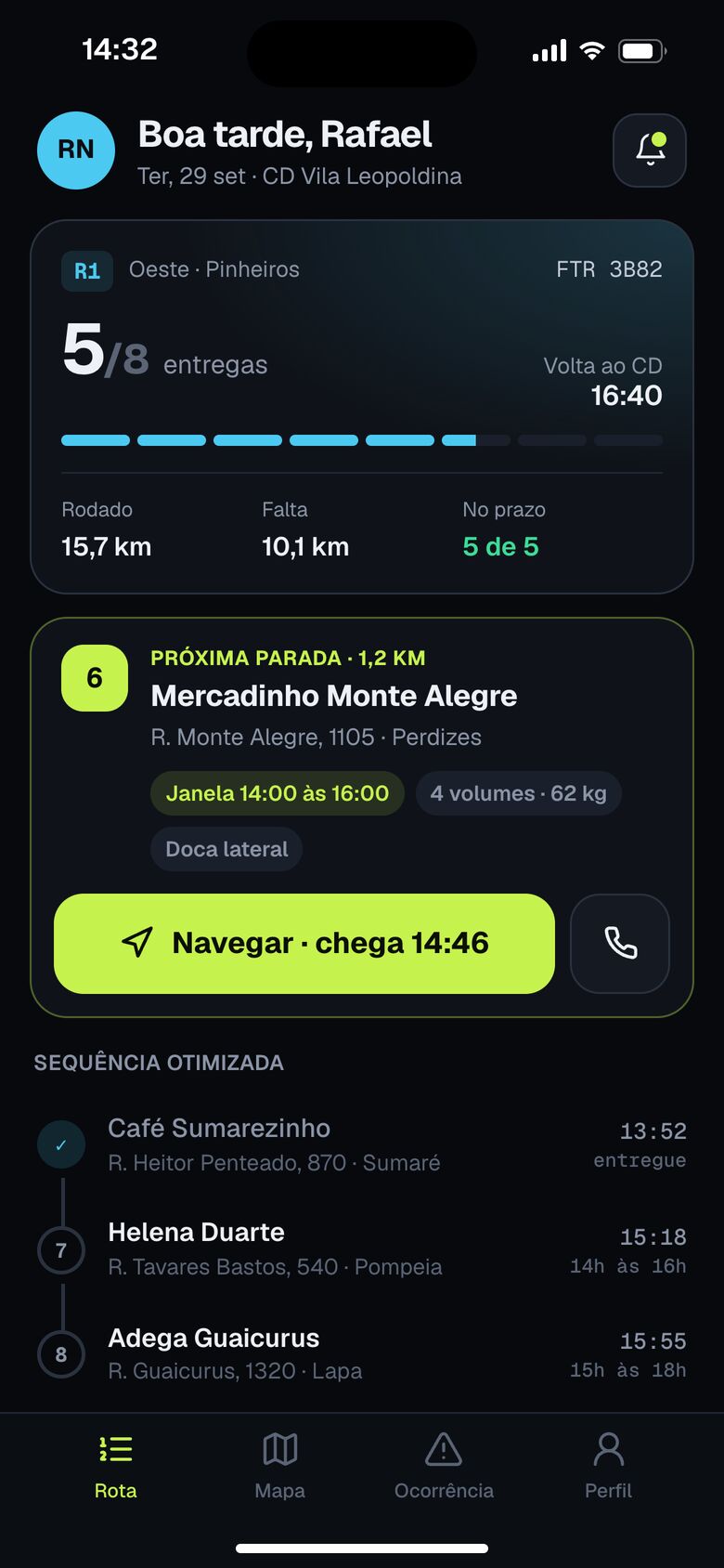 App do motorista com a rota de entregas do dia