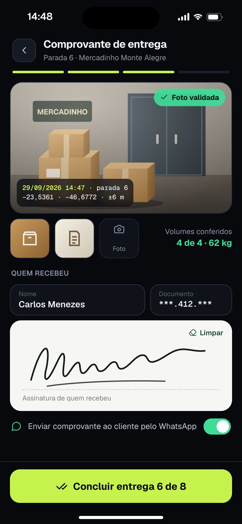 Comprovante de entrega com foto e assinatura no app do motorista