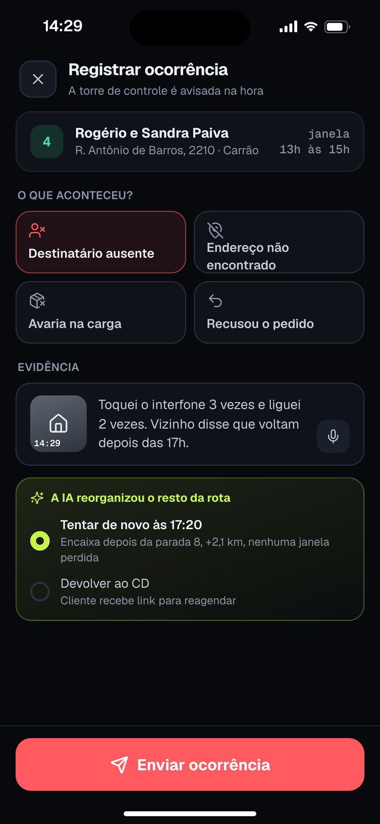 Registro de ocorrência de entrega com foto no app do motorista