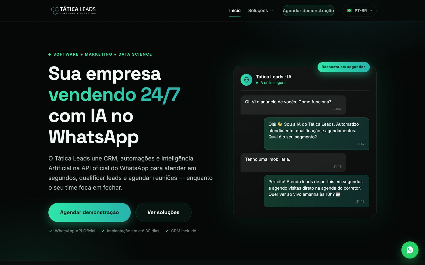 Página inicial do site do Tática Leads com conversa de IA no WhatsApp