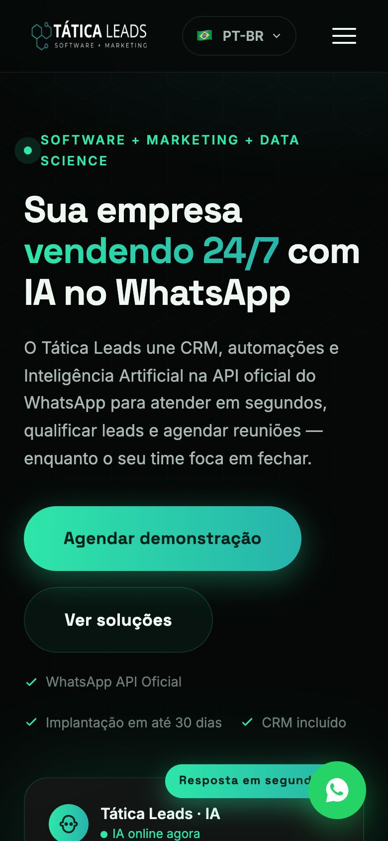 Página inicial do Tática Leads no celular