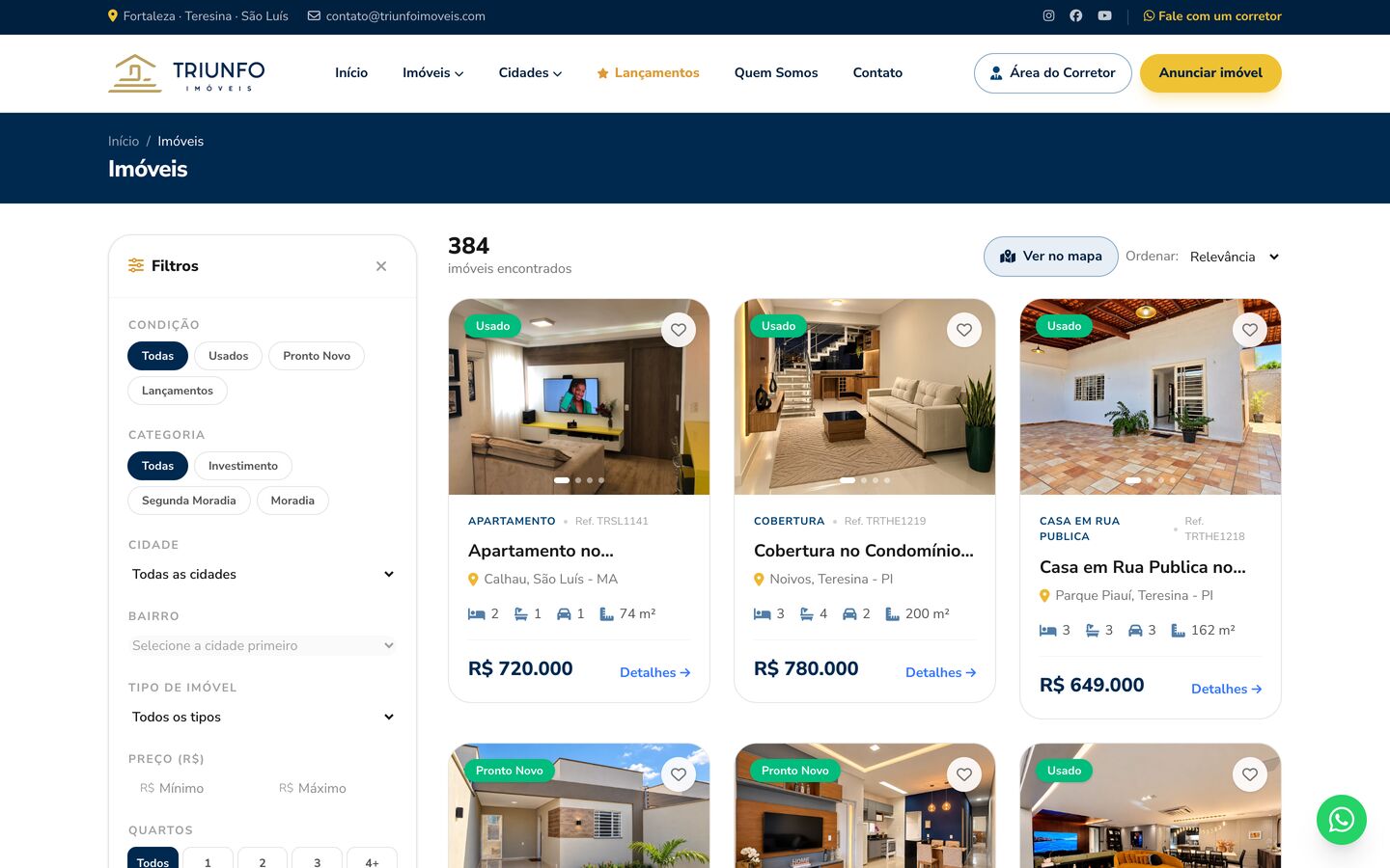 Listagem de imóveis com filtro lateral