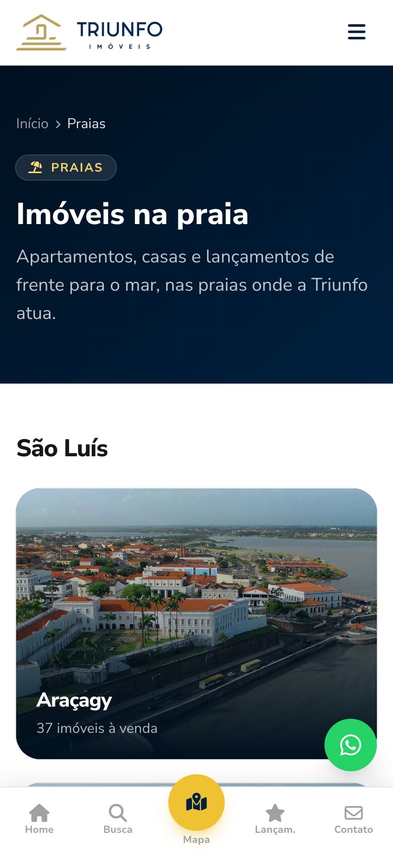 Página de imóveis na praia no celular